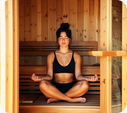 A woman relaxing in a wooden sauna.