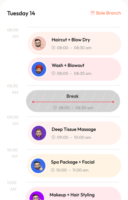 A day view in the Gizie calendar showing back-to-back appointments at Bole Branch.