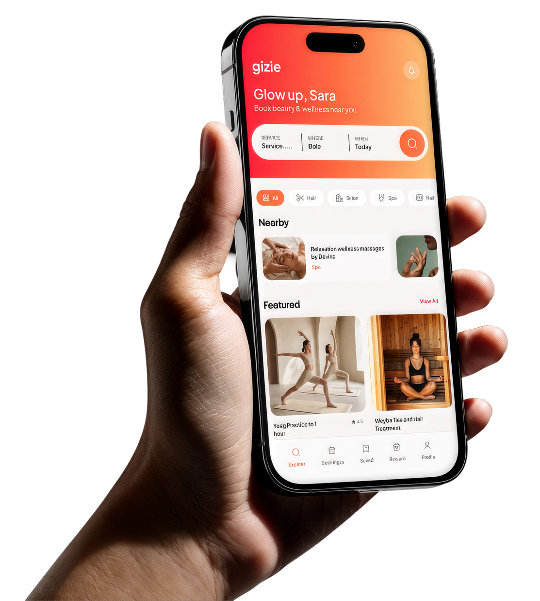 A hand holding a phone open on the Gizie app, showing nearby and featured venues.