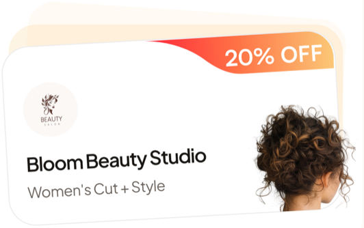 A 20% off promo card for Bloom Beauty Studio, Women's Cut + Style.