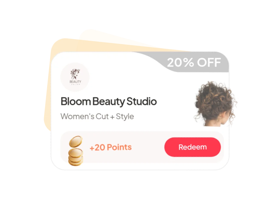 A 20% off offer at Bloom Beauty Studio, redeemable for 20 points.