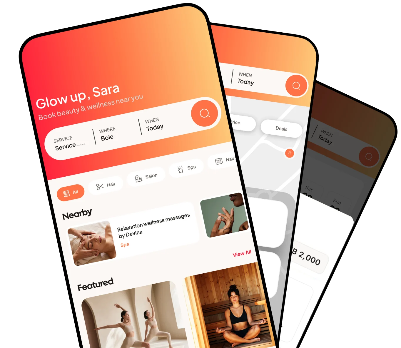Three Gizie app screens fanned out.